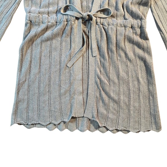 Vintage Gray Ribbed Knit Tie Waist Scalloped Hem Cardigan Sweater Small Y2K 90s - Picture 8 of 16
